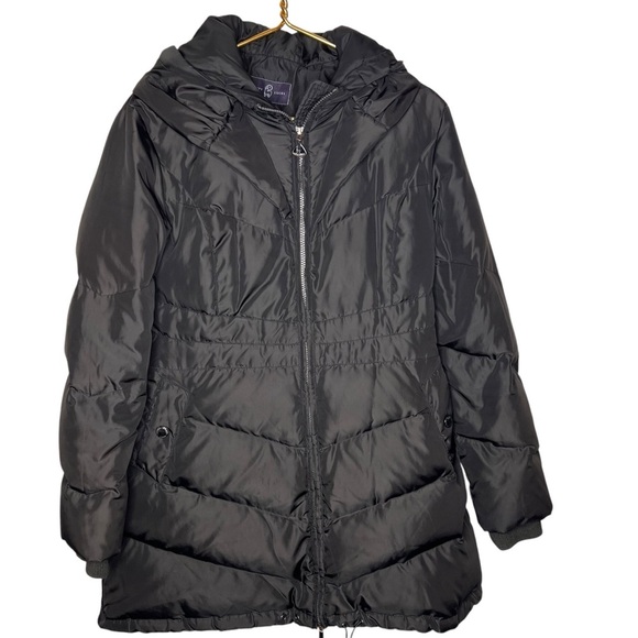 Happy Goat Black Long Down Puffer Coat Size M High Collar Hood Water Resistant - Picture 3 of 15